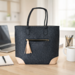Dark Grey Felt Tote Bag with Leather Accents & Tassel Zip | Elegant Everyday Handbag - Image 3