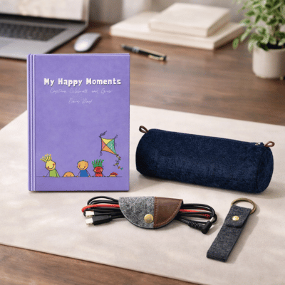 Kids Gratitude Gift Bundle – My Happy Moments Kids Gratitude Journal, Pouch, Key Chain & Cable Wrap | Mindfulness & Organization Gift Set for Children