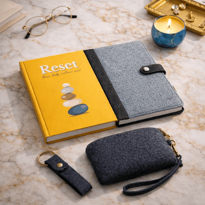 Reset Wellness Gift Bundle – Wellness Journal, Pouch, Diary Cover, Key Chain & Minimal Flame Decorative Candle | Self-Care & Mindfulness Gift Set